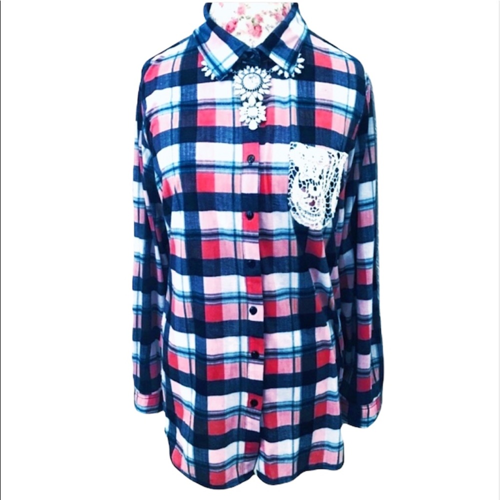 RnB Blue Plaid Button Up with Lace Details
